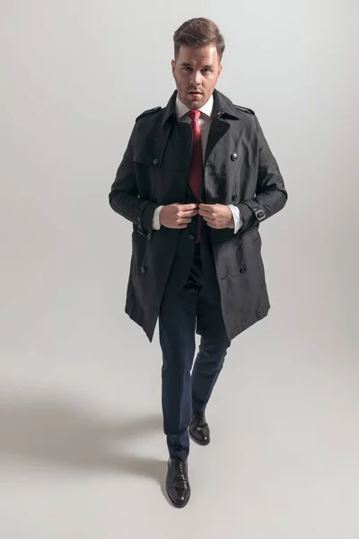 Full Body Picture Elegant Businessman Long Coat Buttoning Suit Posing — Stock Photo, Image