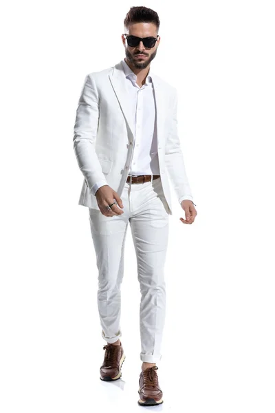 Sexy Businessman Glasses Walking Confident Manner White Background Studio — Stock Photo, Image