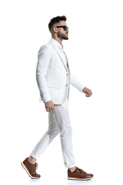 Side View Cool Young Guy White Suit Wearing Glasses Walking — Stock Photo, Image