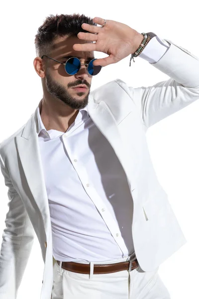 Attractive Elegant Man Retro Sunglasses Holding Hand Hiding Light White — Stock Photo, Image