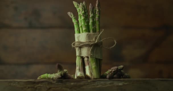 Perfect Vegetable Vegans Fresh Asparagus Top Wooden Table Tied Rope — Stock Video