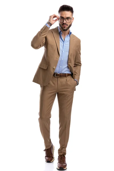 Full Body Picture Sexy Businessman Looking Away Fixing Glasses While — Fotografia de Stock