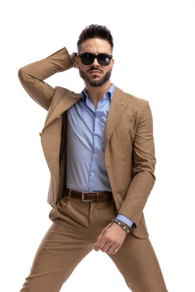 Confident Bearded Man Glasses Holding Hand Head Posing Fashion Manner — Stock Photo, Image