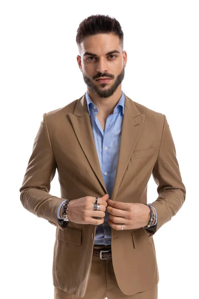 Portrait Handsome Businessman Beard Buttoning Closing Suit Front White Background — Stock Photo, Image