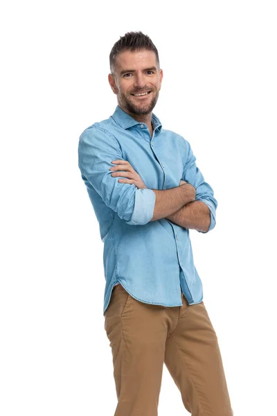 Enthusiastic Grey Haired Man Arms Folded Smiling Being Happy White — Stock Photo, Image