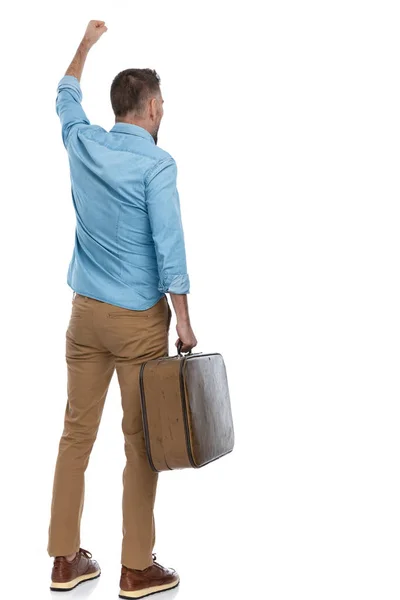 Sexy Young Man Luggage Holding Fist Celebrating Days Leaving Holiday — стоковое фото