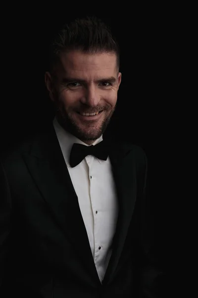 Happy Groom Tuxedo Smiling His Wedding Day Black Background — Stock Photo, Image