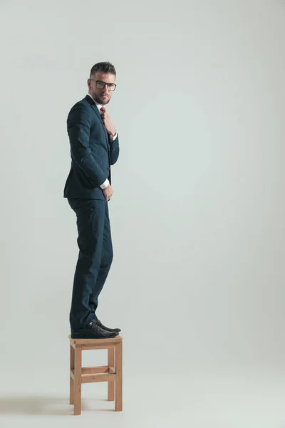 Homem Negócios Barbudo Elegante Cadeira Madeira Gravata Fixação Enquanto Posando — Fotografia de Stock