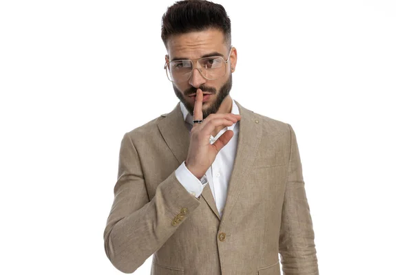 Sexy Businessman Asking Silence Pressing His Finger His Lips Wearing — Stock Photo, Image