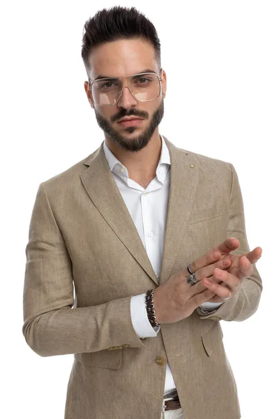 Portrait Tough Businessman Rubbing His Palms Looking Camera Wearing Glasses — Stock Photo, Image