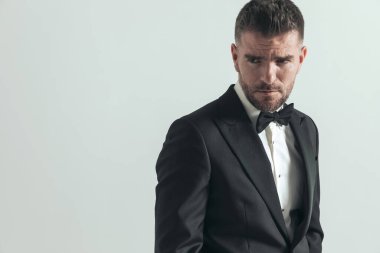 Şık bir iş adamı seksi bir bakışla ve papyonlu güzel siyah bir smokin giyiyor. 