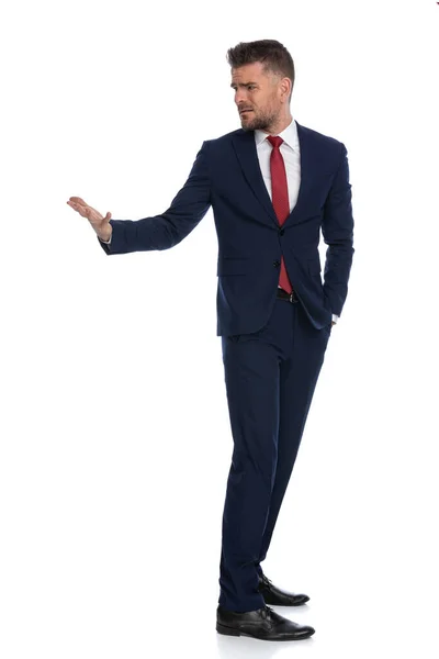 Handsome Businessman Turning Asking Explanations Wiht One Hand Pocket — Stock Photo, Image