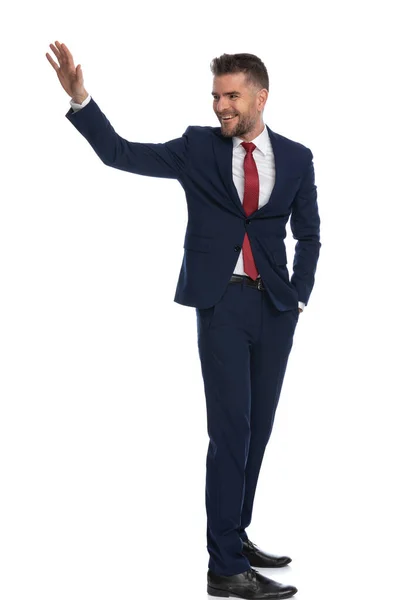 Young Attractive Businessman Turning Salute Someone Warm Smile His Face — Stock Photo, Image