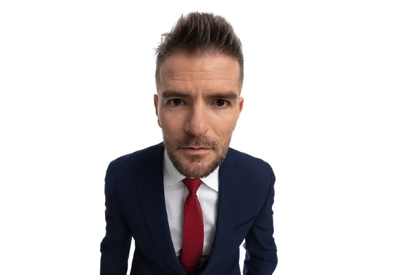 Young Handsome Businessman Leaning Forward Staring Camera Wearing Navy Suit — Stock Photo, Image