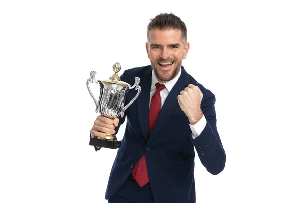Attractive Businessman Celebrating Victory Cup White Background — Stock Photo, Image