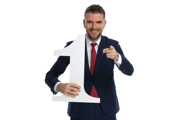 Sexy Businessman Gesturing You Number One Smiling White Studio Background — Stock Photo, Image