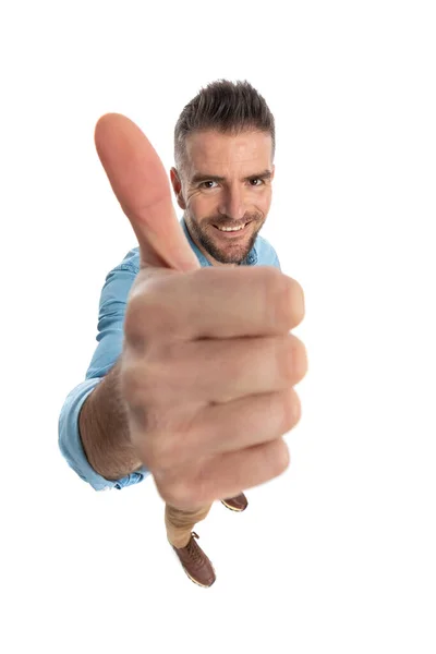 Top View Middle Aged Man Chino Pants Smiling Making Thumbs — Stockfoto