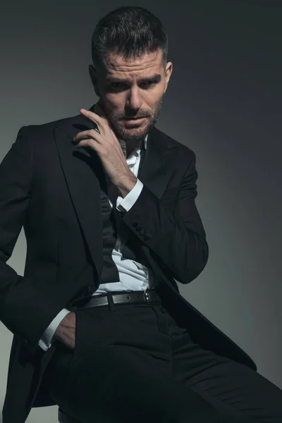 Cool Fashion Businessman Elegant Tuxedo Posing Hand Pocket Sensually Touching — Stock Photo, Image