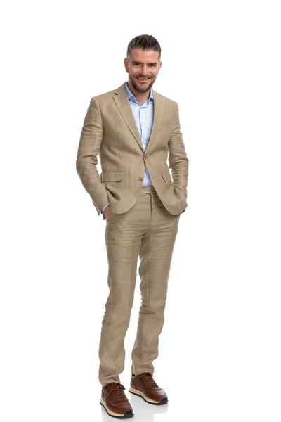 Full Body Picture Happy Businessman Beige Suit Holding Hands Pockets — Stok fotoğraf