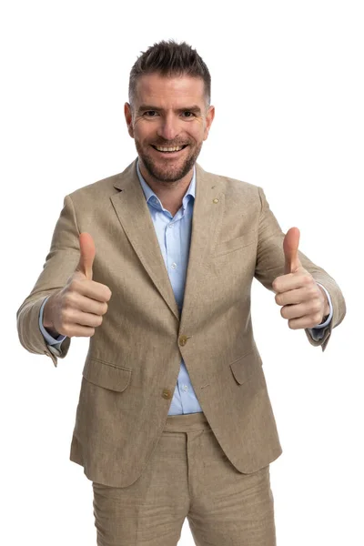 Middle Aged Businessman Untied Shirt Making Thumbs Gesture Smiling Front — Zdjęcie stockowe