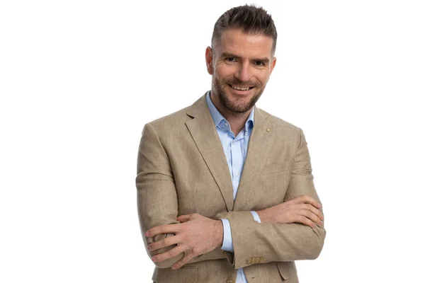 Smiling Man His 40S Untied Shirt Beige Suit Being Happy — Stockfoto