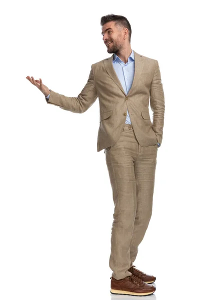 Happy Businessman Hand Pocket Posing White Background Looking Shoulder Smiling — Fotografia de Stock