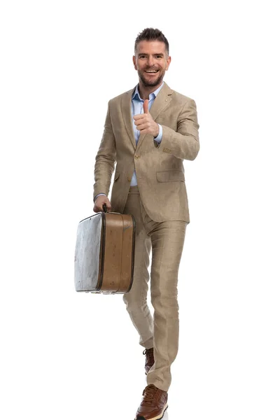 Excited Businessman Luggage Going Vacation Making Thumbs Gesture Smiling While — Stockfoto