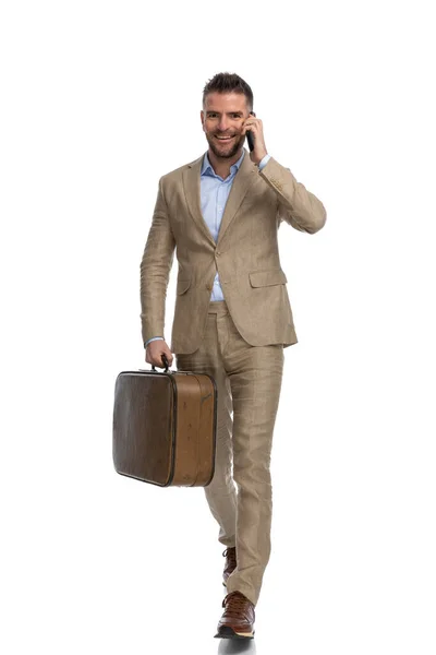 Full Body Picture Attractive Young Man Having Conversation Phone Leaving — Foto Stock