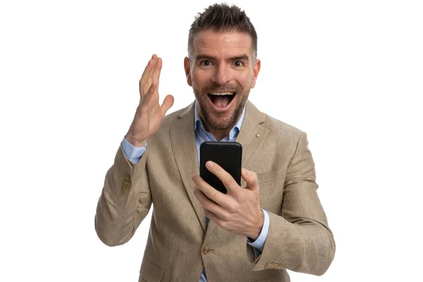 Shocked Guy Undone Shirt Opening Mouth Making Surprised Face While — Stock Photo, Image