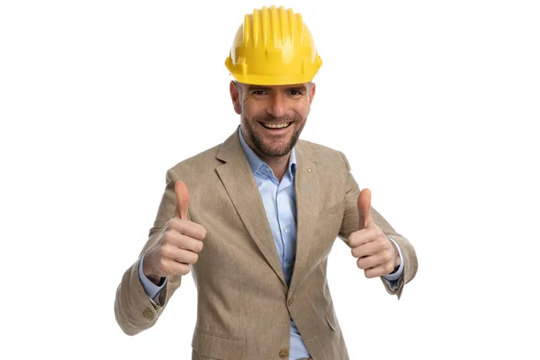 Portrait Engineer Man Helmet Making Thumbs Gesture Smiling Front White — Foto Stock