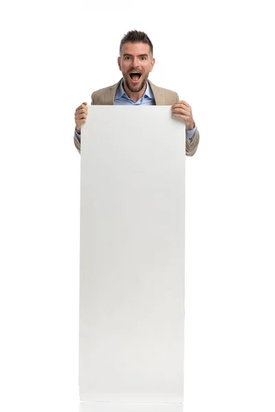 Surprised Businessman Suit Undone Shirt Hiding His Body Empty Board — Stockfoto