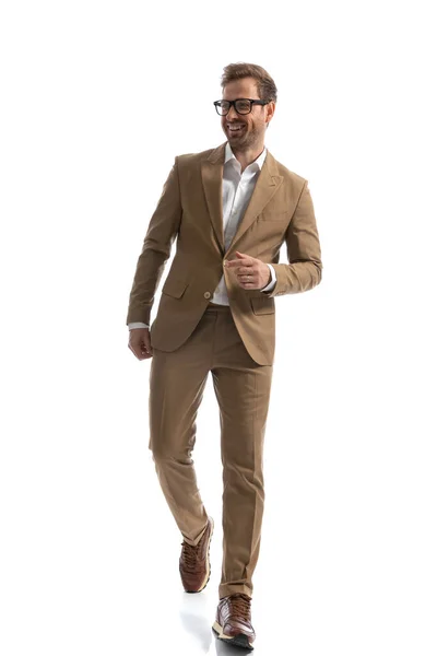 Happy Businessman Having Good Time Posing Walking Smiling White Background — Stock Photo, Image