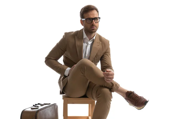 Attractive Businessman Posing Chair His Legs Crossed Looking Away Wearing — Stock Photo, Image