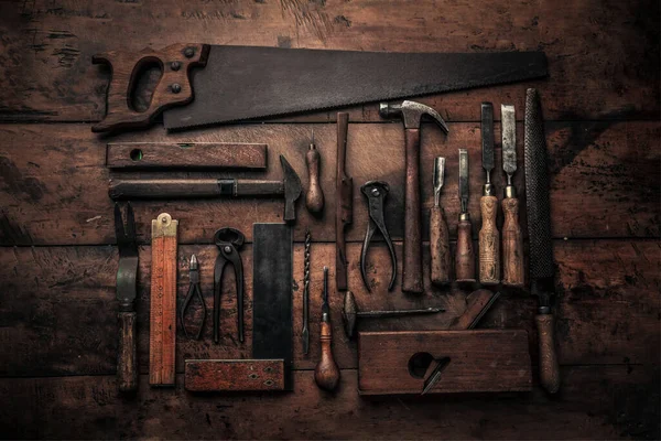 Flat Lay Picture Big Set Vintage Tools Used Carpentry Crowbar — Fotografia de Stock