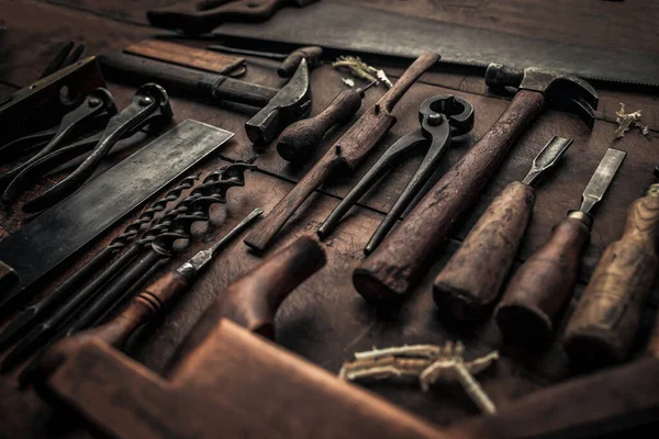 Set Vintage Tools Carpentry Pinces Chisels Drills Gouge Others Grandious — Fotografia de Stock