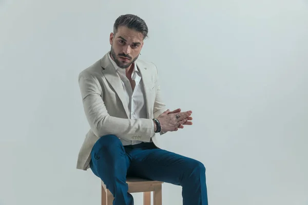 Portrait Sexy Young Man Beard Untied Shirt Rubbing Palms While — Foto Stock