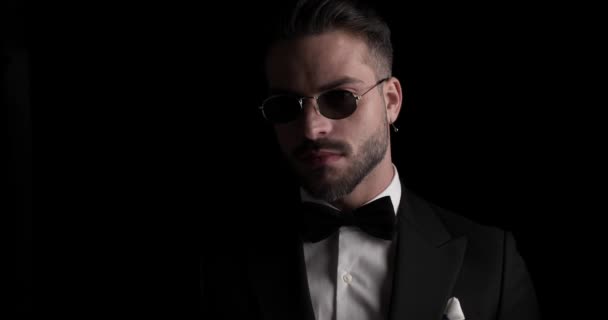 Cool Young Groom Tuxedo Arranging Sunglasses Crossing Arms Smiling Front — Stock Video