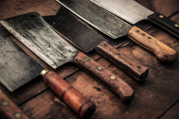 Old Kitchen Collection Different Types Meat Butchers Sharp Blade Wooden — Stock Photo, Image