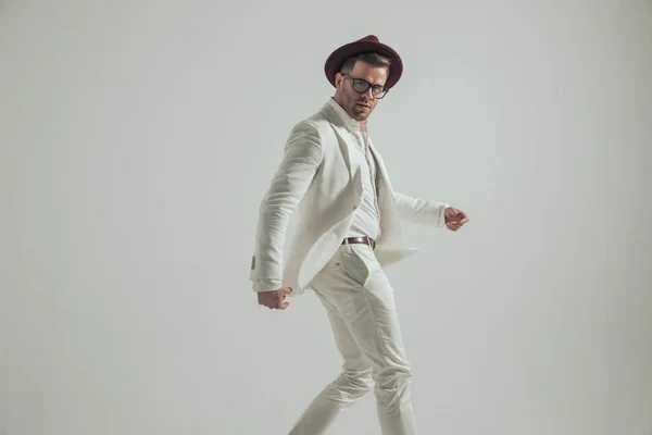 Dynamic Stylish Man Hat Moving Holding Arms Fashion Pose While — Photo