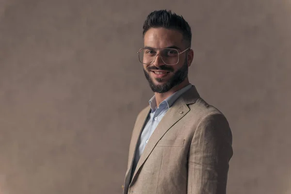 Portrait Happy Smart Casual Man Glasses Smiling Posing Front Beige — Foto de Stock