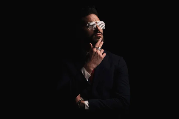 Cool Bearded Businessman Glasses Folding Arm Touching Chin Thinking Black — Foto Stock
