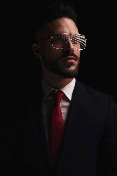 Portrait Fashion Bearded Man Glasses Looking Away Front Black Background — Stock Photo, Image
