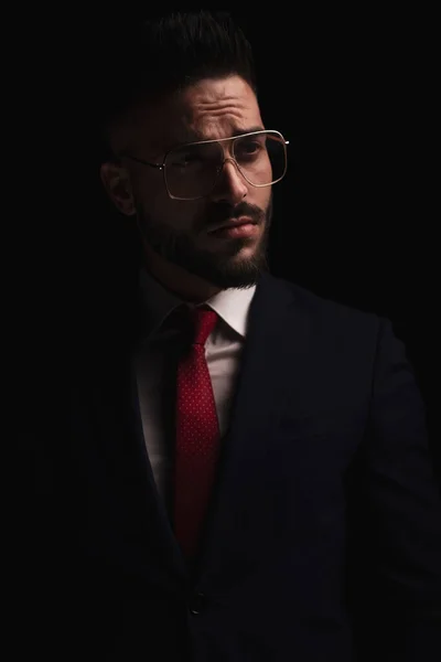 Sexy Young Man Elegant Suit Glasses Looking Side Posing Front — Stok fotoğraf