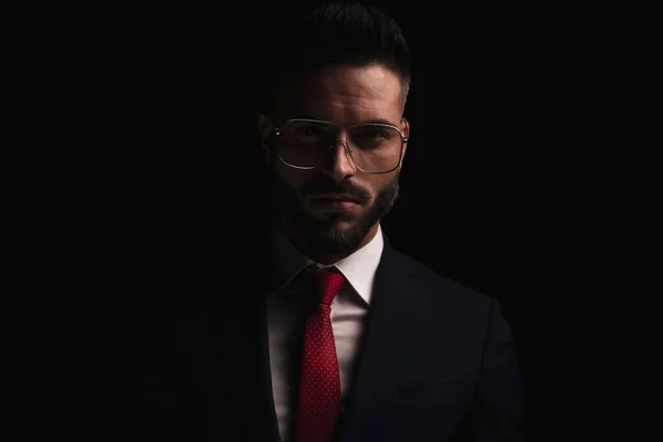 Portrait Handsome Businessman Glasses Wearing Elegant Suit Posing Front Black — Φωτογραφία Αρχείου