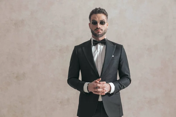 Portrait Attractive Young Man Black Tuxedo Holding Hands Together Posing — Stok Foto
