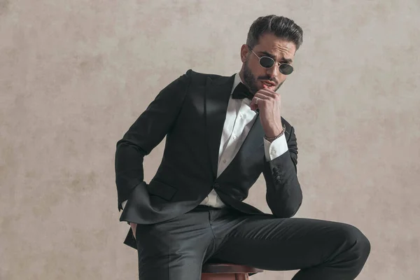 Bearded Businessman Black Tuxedo Sensually Touching Lips Holding Hand Pocket — Stockfoto