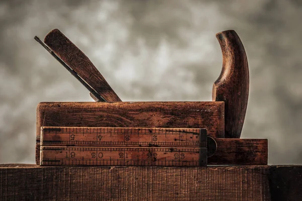 Craftsmanship Concept Illustrated Carpentry Tools Planer Ruler Measuring Top Old — Fotografia de Stock