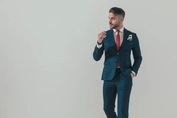 エレガントなビジネスマンがポケットに手を取り横を向いて赤いネクタイとハンカチでネイビーブルーのスーツを着てスタジオでグレーの背景を歩く — ストック写真