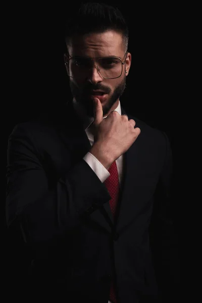 Portrait Sexy Bearded Businessman Wearing Black Elegant Suit Sensually Touching — Stock Photo, Image