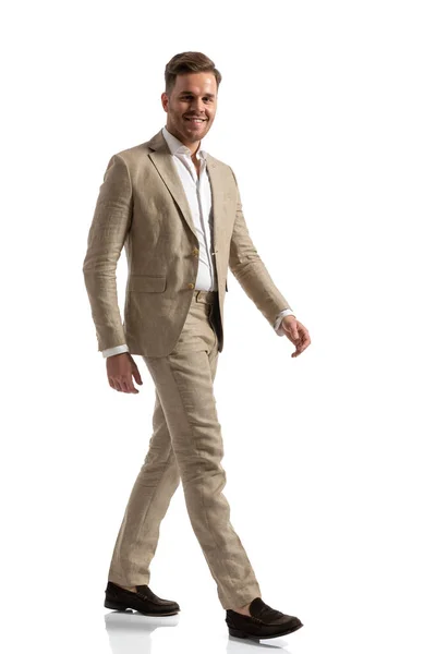 Side View Smiling Young Guy Suit Walking Being Happy Front — Stock Photo, Image